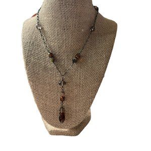 Vintage Shane Boyner Y Necklace Glass Beads Antique Gold Copper Choker Collar